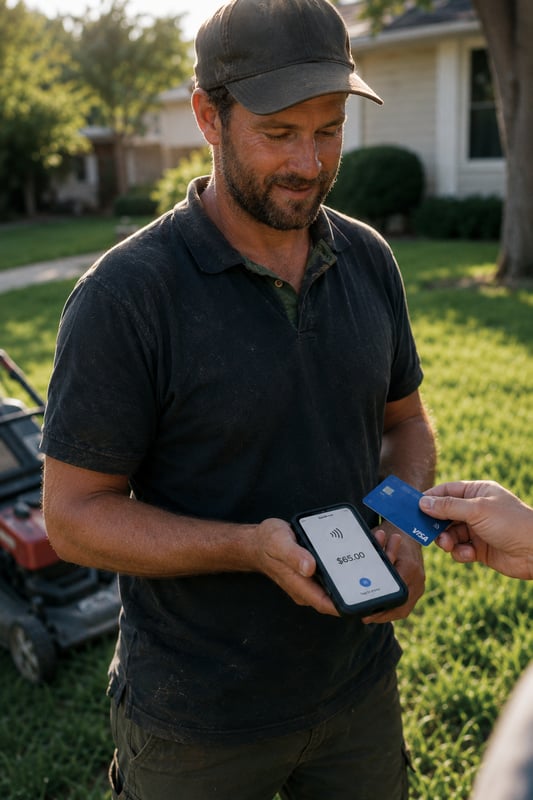 A landscaper takes a tap payment