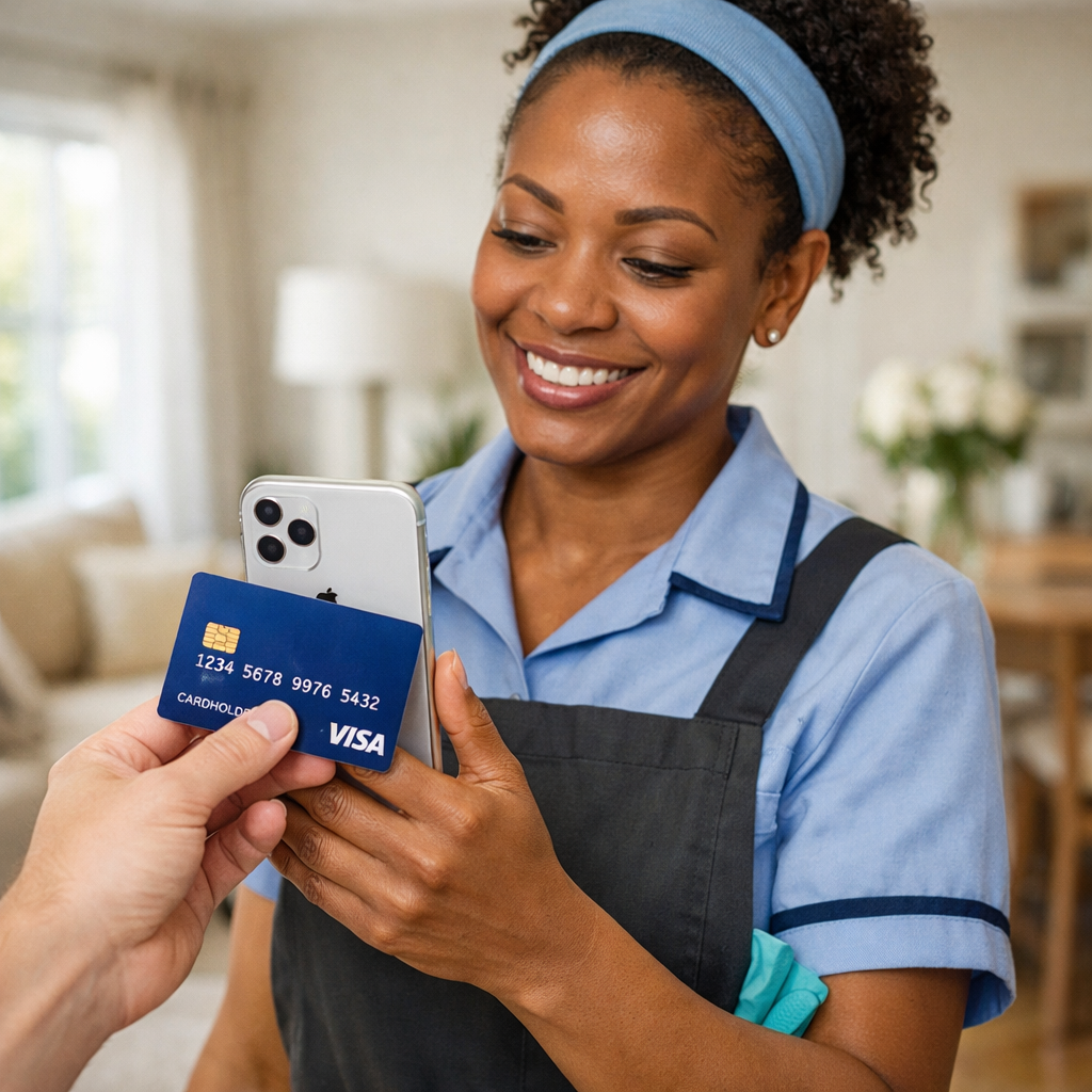 Black Woman House Cleaner Holding iPhone in Residential Interior-1