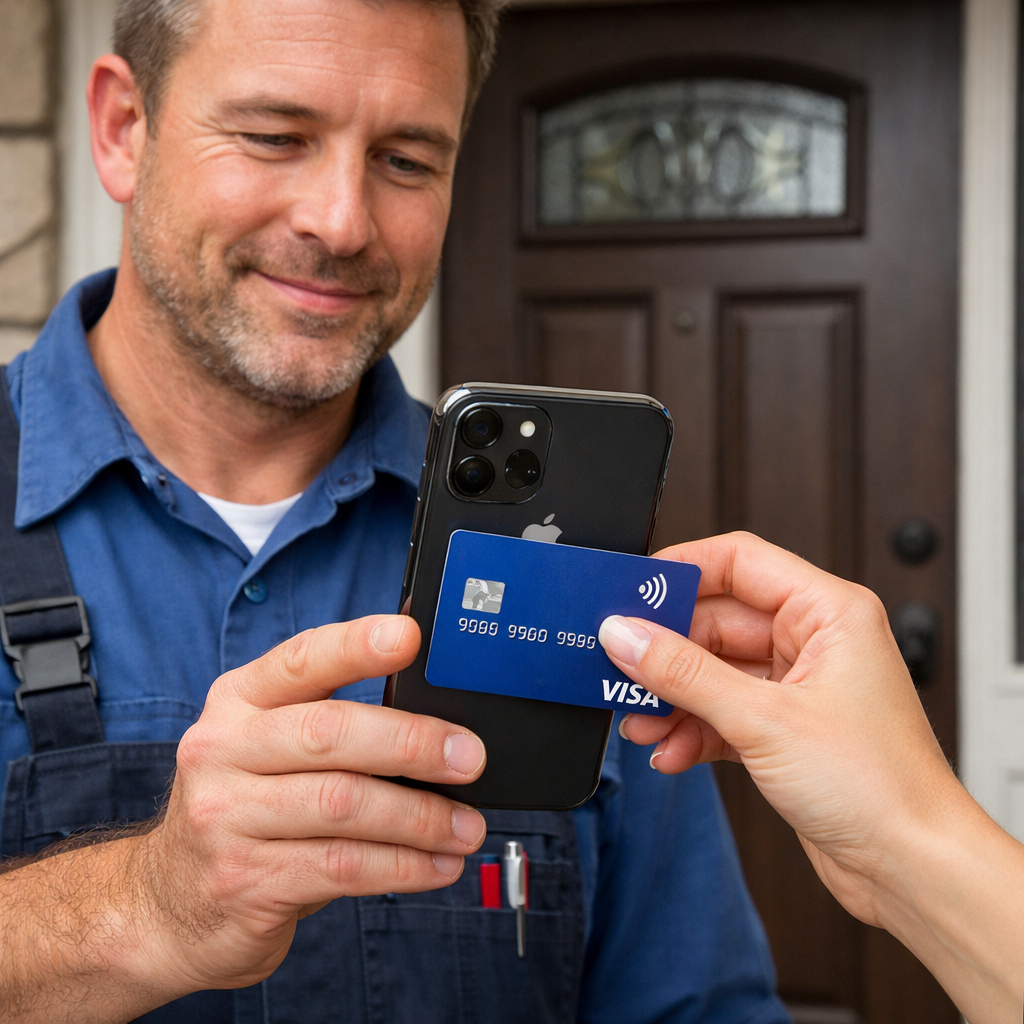 Plumber Holding iPhone with Customer Tapping Visa Card