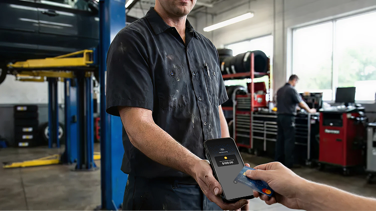 Tap to Pay card payment on a smartphone at an auto repair or service shop
