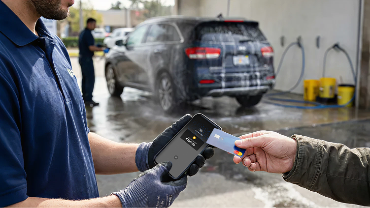 Customer paying with Tap to Pay on a handheld device at a car wash or vehicle care service