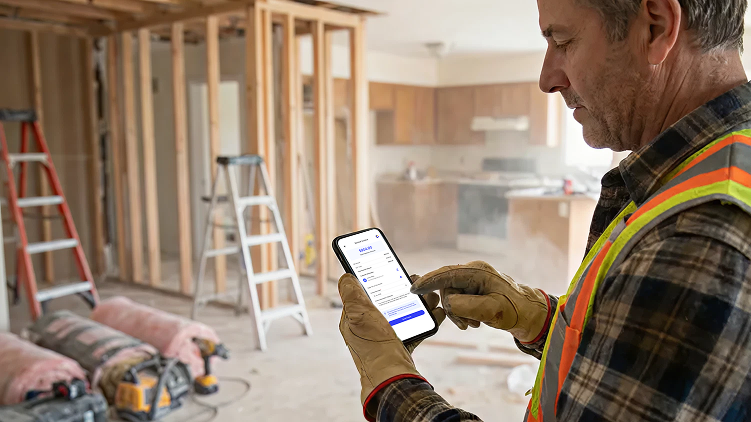 Home service professional sending an invoice on a smartphone at a renovation job site