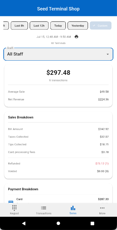 Sales tab with timeframe chips, printer icon, and summary