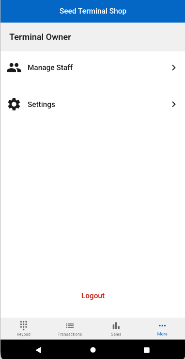 More menu with Manage Staff