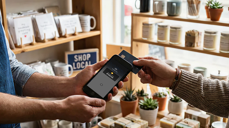 Customer making an in-store Tap to Pay purchase using a smartphone in an independent retail shop