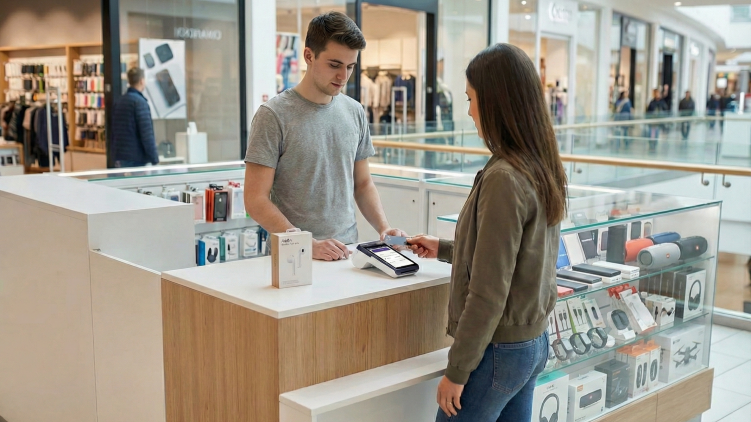 Customer paying at a retail counter using a POS terminal with fees shown upfront